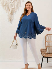 Embroidered Floral Trim V Neck Plus Size Blouse