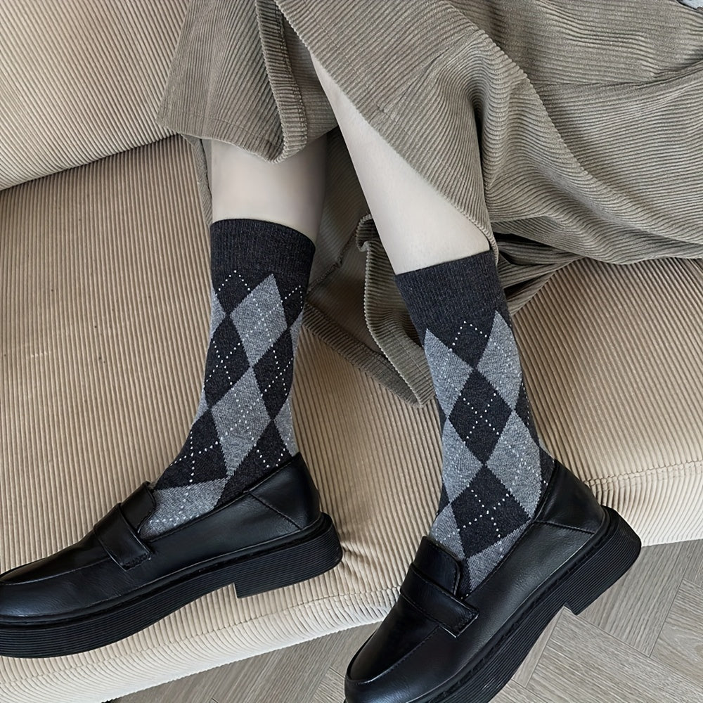 3 Pairs Argyle Print Socks Soft & Comfy Women's Mid Tube Stockings