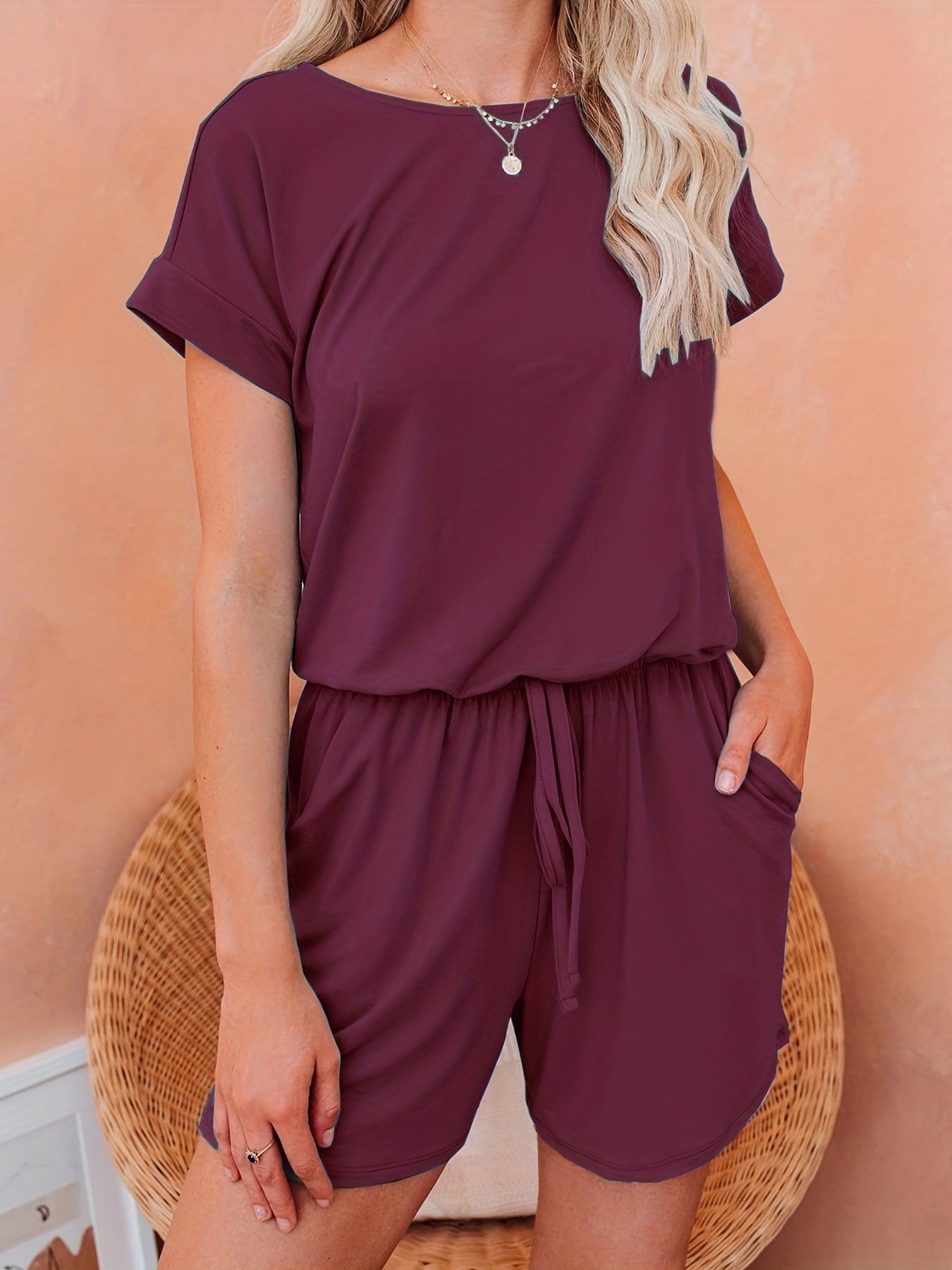 Drawstring Waist Romper Jumpsuit Short Sleeve Casual