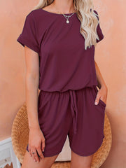 Drawstring Waist Romper Jumpsuit Short Sleeve Casual