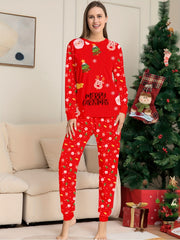 Cartoon Print Christmas Pajama Set Long Sleeve Top & Elastic Waistband