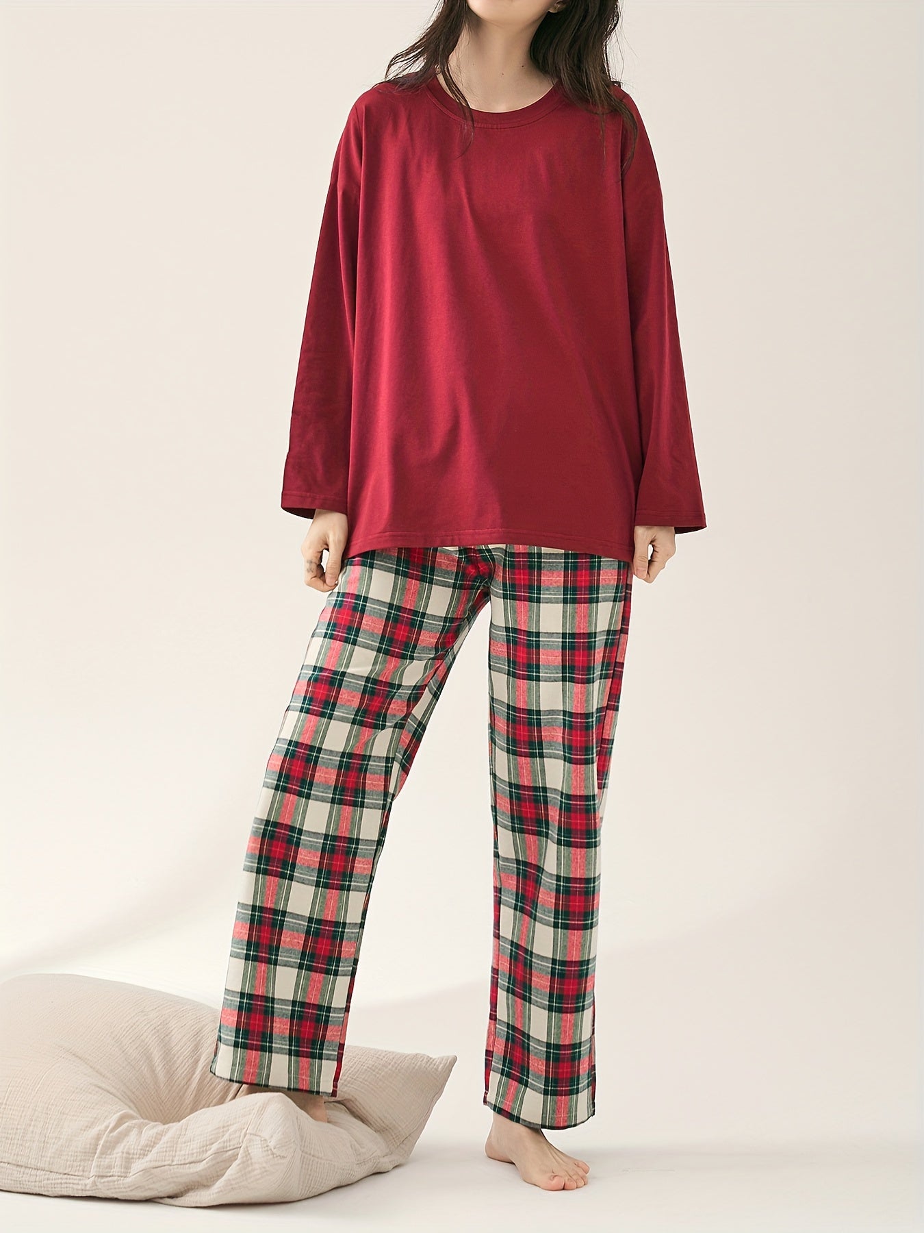 Plaid Print Pajama Set Long Sleeve Top & Plaid Pants