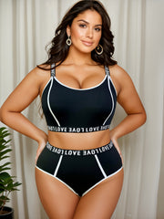 Letter Tape Sports Lingerie Set Crew Neck Bra & Panty Two Piece Set