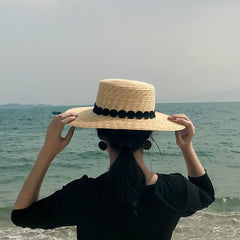 Flat Top Straw Sun Hat Wide Brim UV Protection Beach Hat Sunscreen