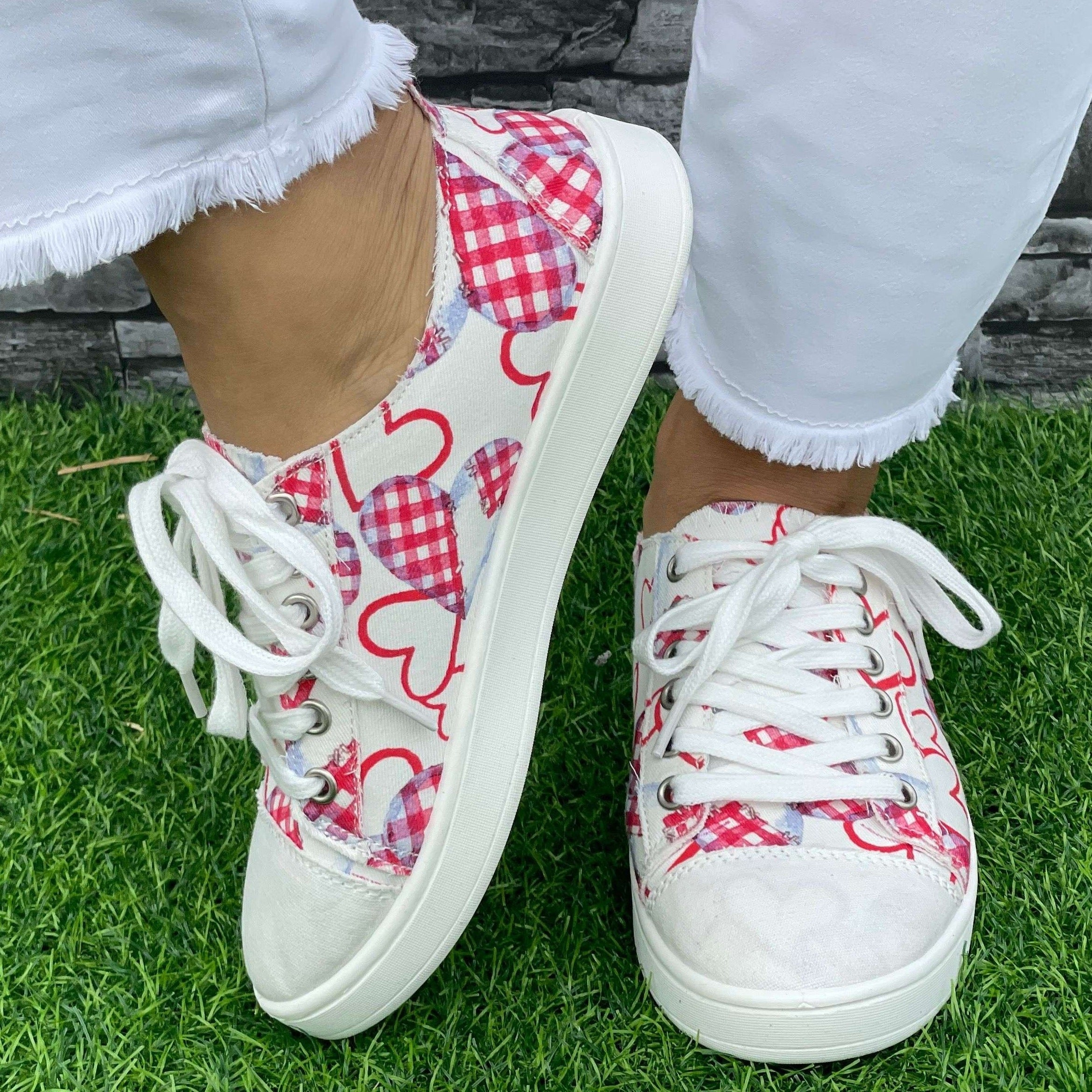 Pink Plaid Love Heart Pattern Flat Shoes Women's Casual Shoes