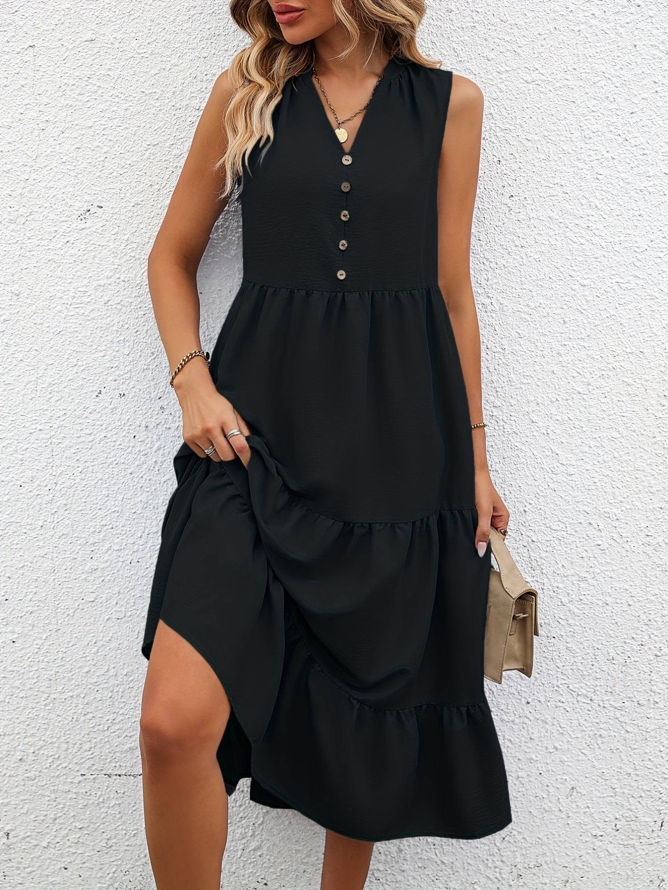 Summer Sleeveless Tiered Dress V Neck Loose Casual Dress