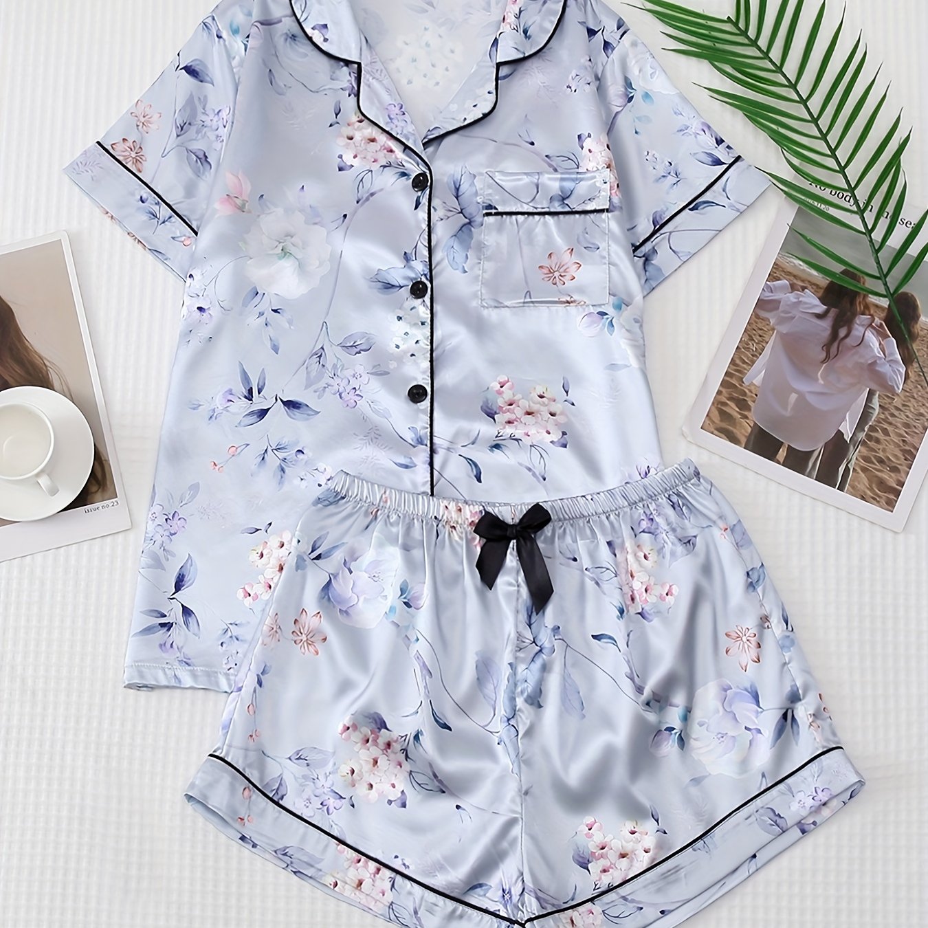 Floral Pajama Set Short Sleeve Top & Bow Shorts