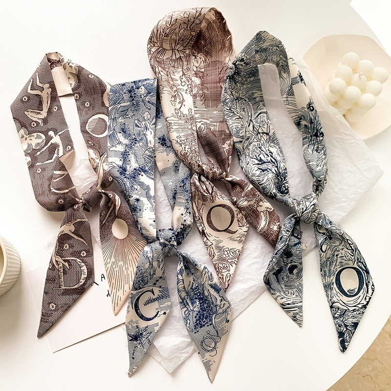 Retro Print Small Silk Scarves Hair Ties Slim Ribbons Scarves Ties