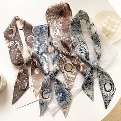 Retro Print Small Silk Scarves Hair Ties Slim Ribbons Scarves Ties