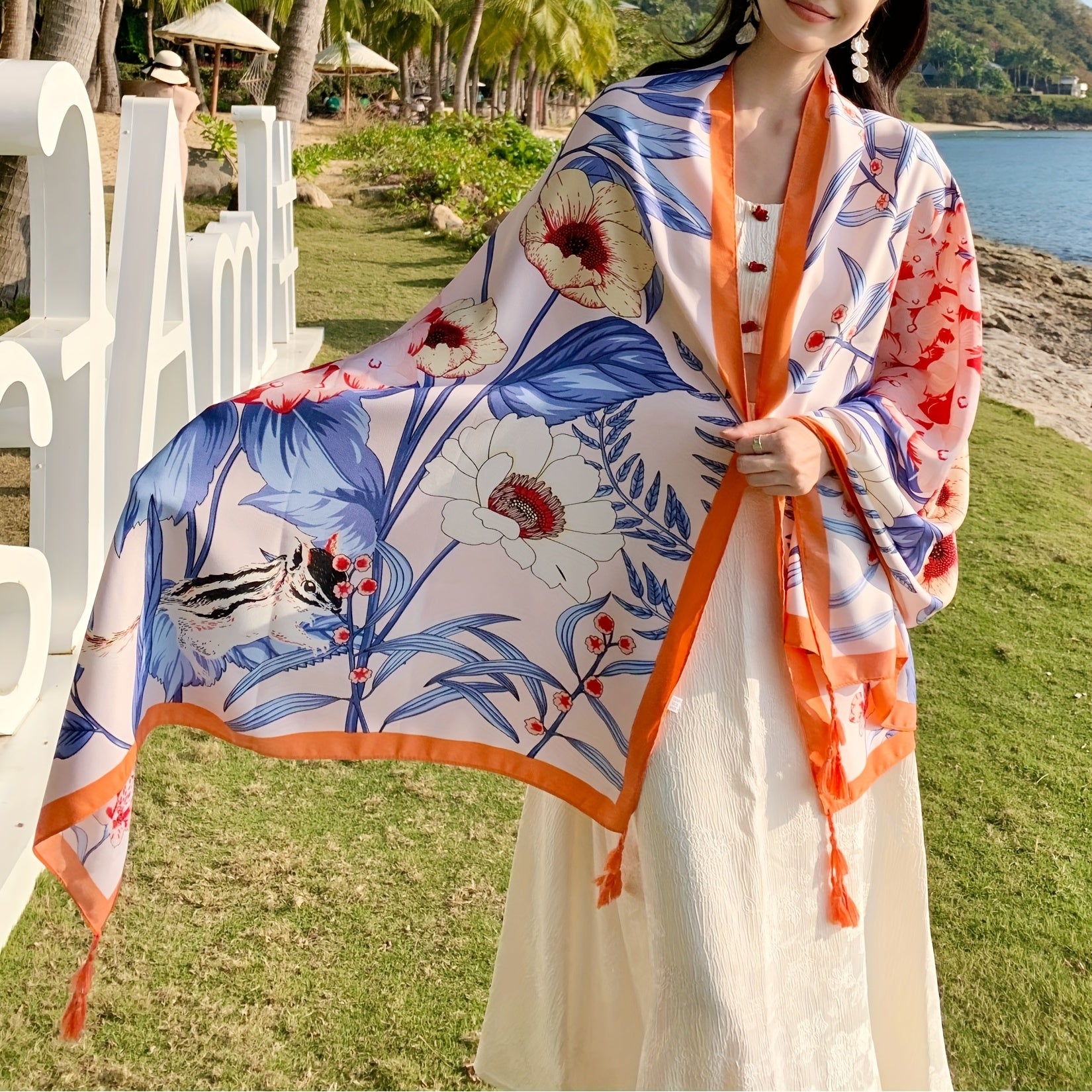 Orange Tassel Scarf Flower Print Shawl Outdoor Sunscreen Head Wrap