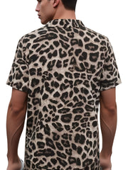 Leopard Print Men's 2Pcs Outfits Camp Collar Button Up Shirt & Shorts Set