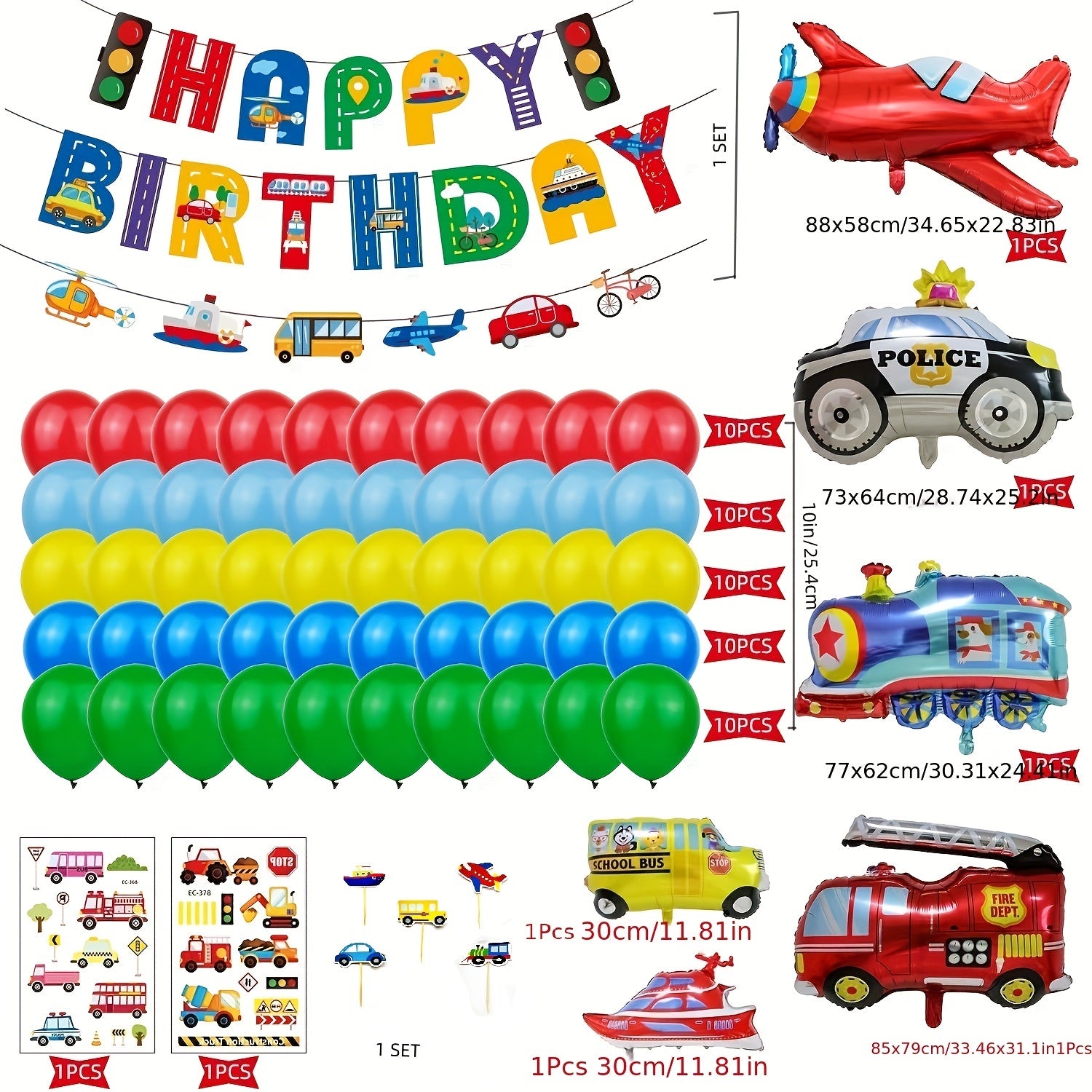 60pcs Transport Vehicle Party Decor Balloon Sticker Set