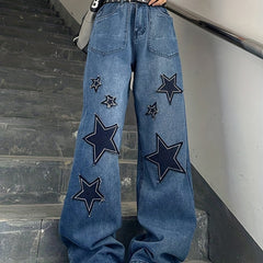 Star Patch Baggy Loose Boyfriend Jeans Dark Wash Zipper Button Closure