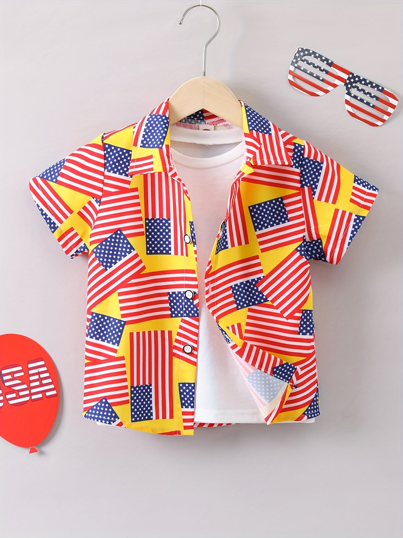 American Flags Print Short Sleeves Shirt for Kids