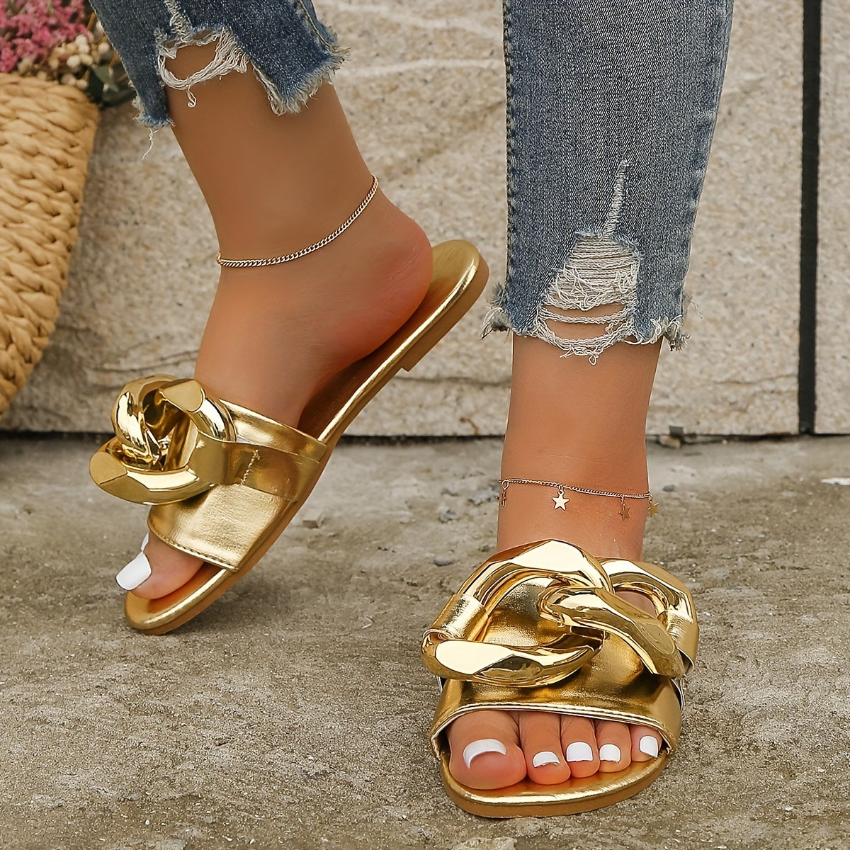 Women's Chain Decor Sandals Slip On Square Toe Flat Outdoor Slides Shoes