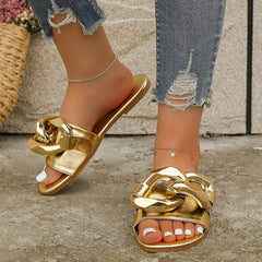 Women's Chain Decor Sandals Slip On Square Toe Flat Outdoor Slides Shoes