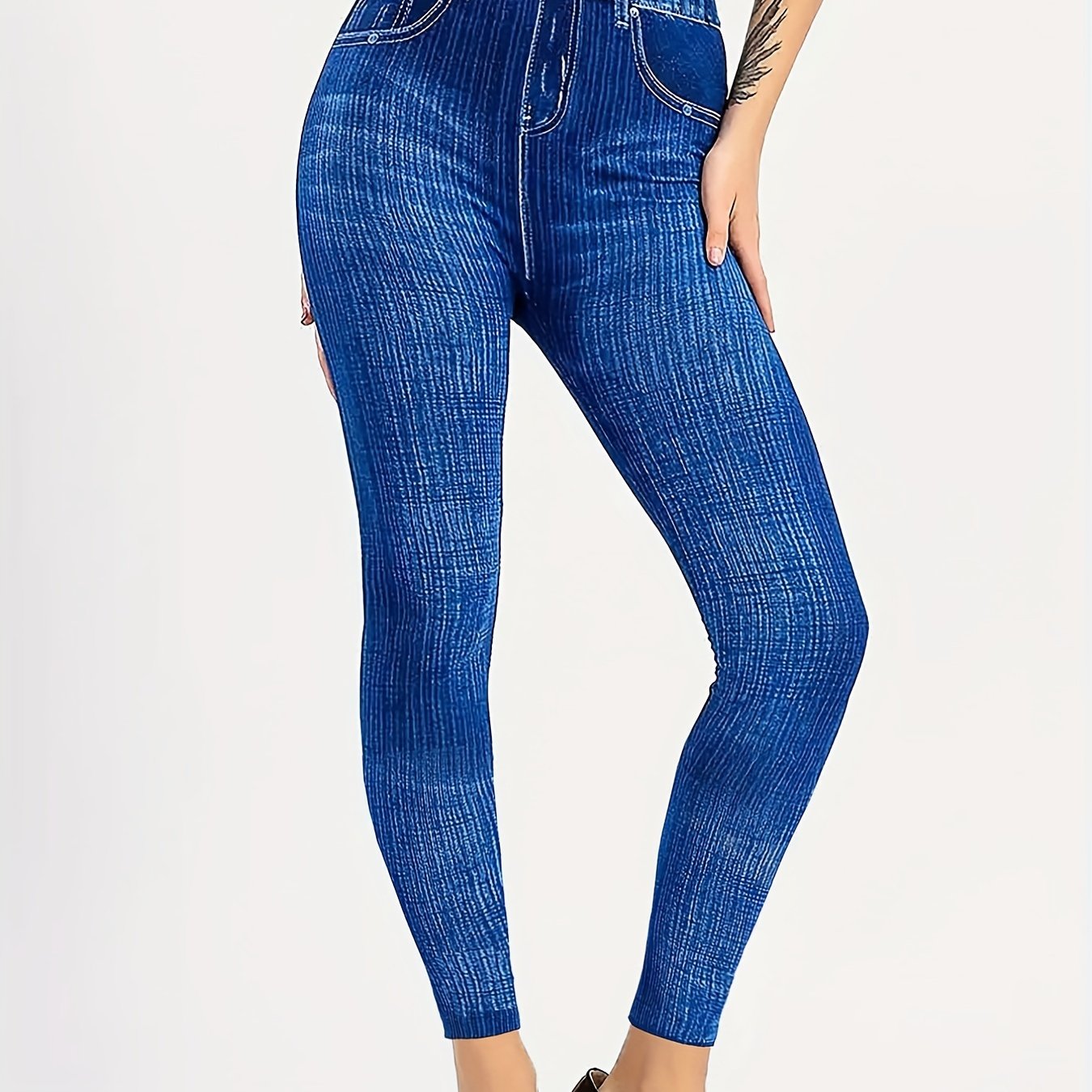 Denim Print High Waist Skinny Leggings Vintage Stretchy Leggings