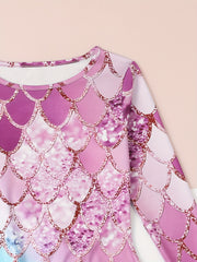 Dreamy Girls Gradient Fish Scale Print Long Sleeve Dress