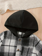 Plaid Pattern Boy's 2pcs Hooded Shirt & Sweatpants Set