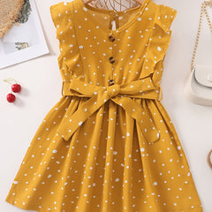 Girls Sleeveless Ruffles Button Polka Dot Belted Dress For Party