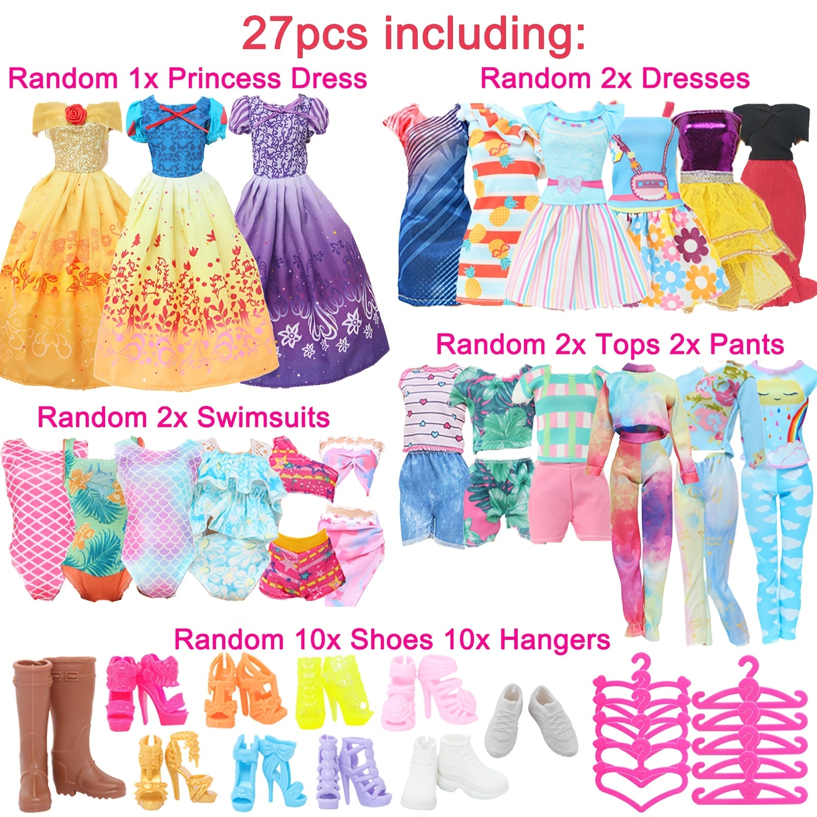 27pcs Doll Clothing Set - Princess Dress, Fashionable Dresses, Top