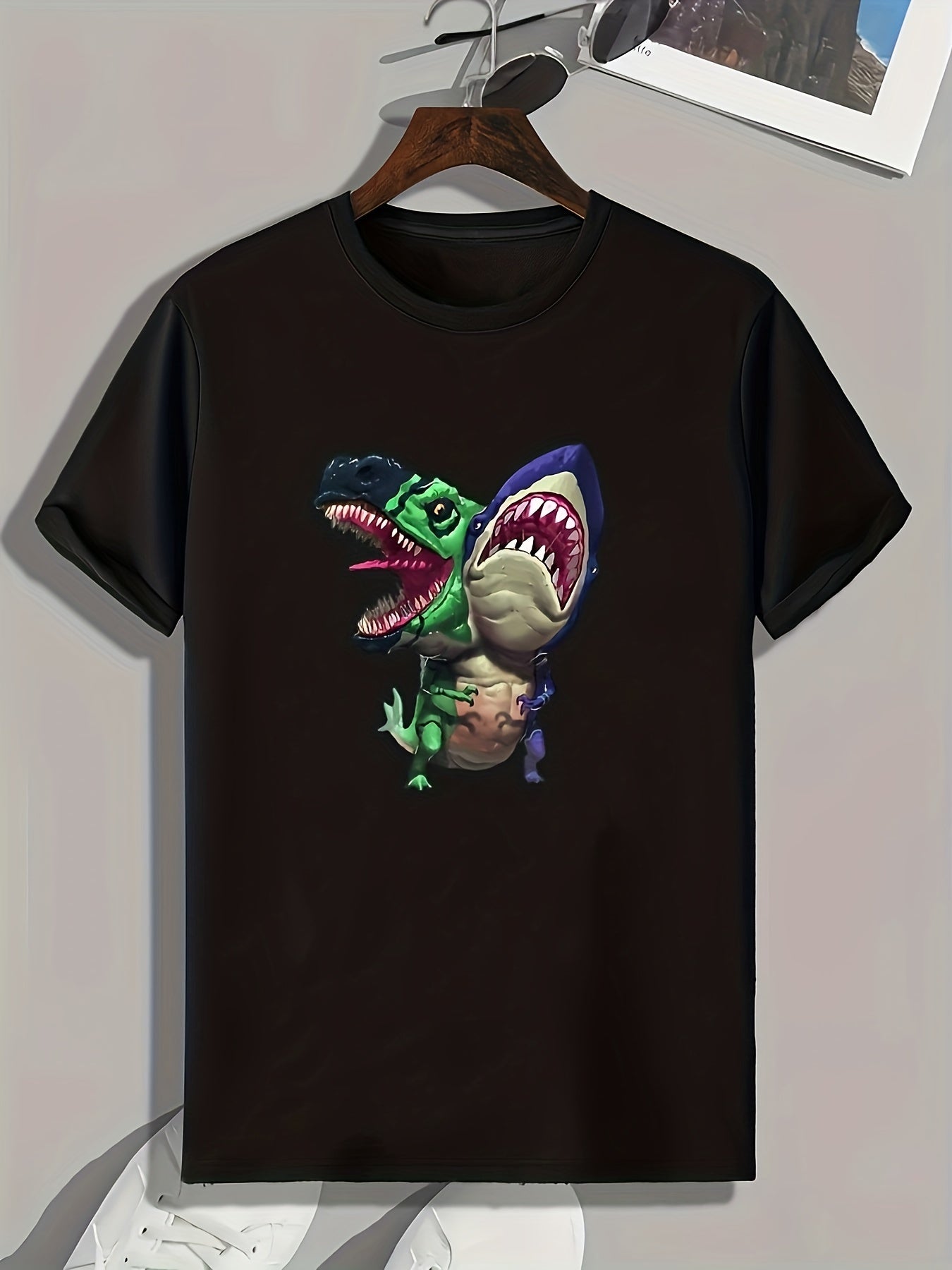 Dino & Shark Print Men's Graphic Tee Summer Casual T-shirt