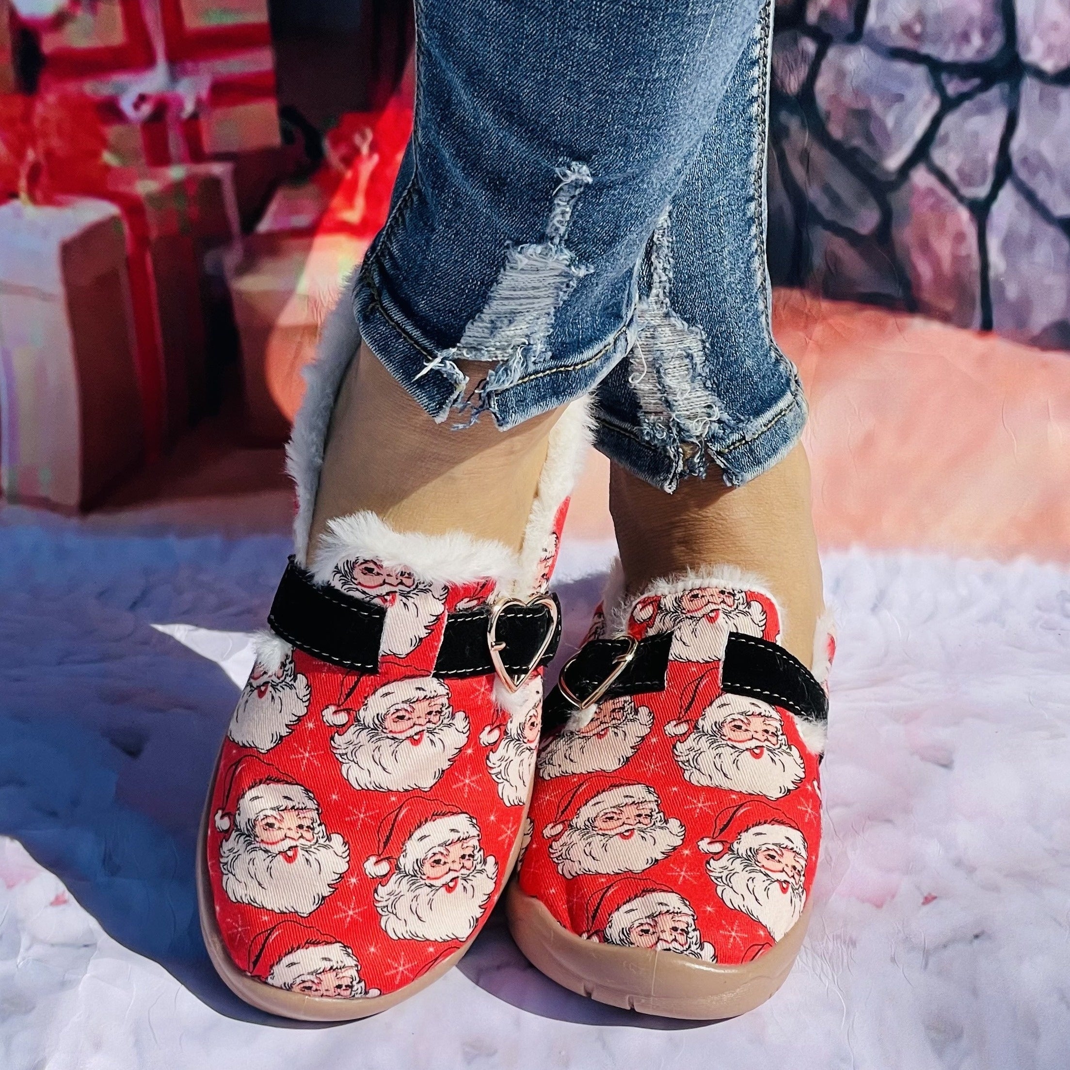 Winter Christmas Santa Claus Furry Slippers - Warm Walking Shoes