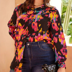 Random Print Long Sleeve Button Up Blouse