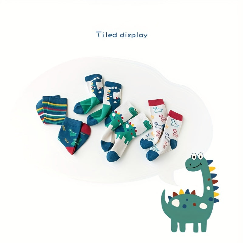 5pcs Kids Boys Dinosaur Striped Cotton Mid Tube Socks