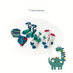 5pcs Kids Boys Dinosaur Striped Cotton Mid Tube Socks