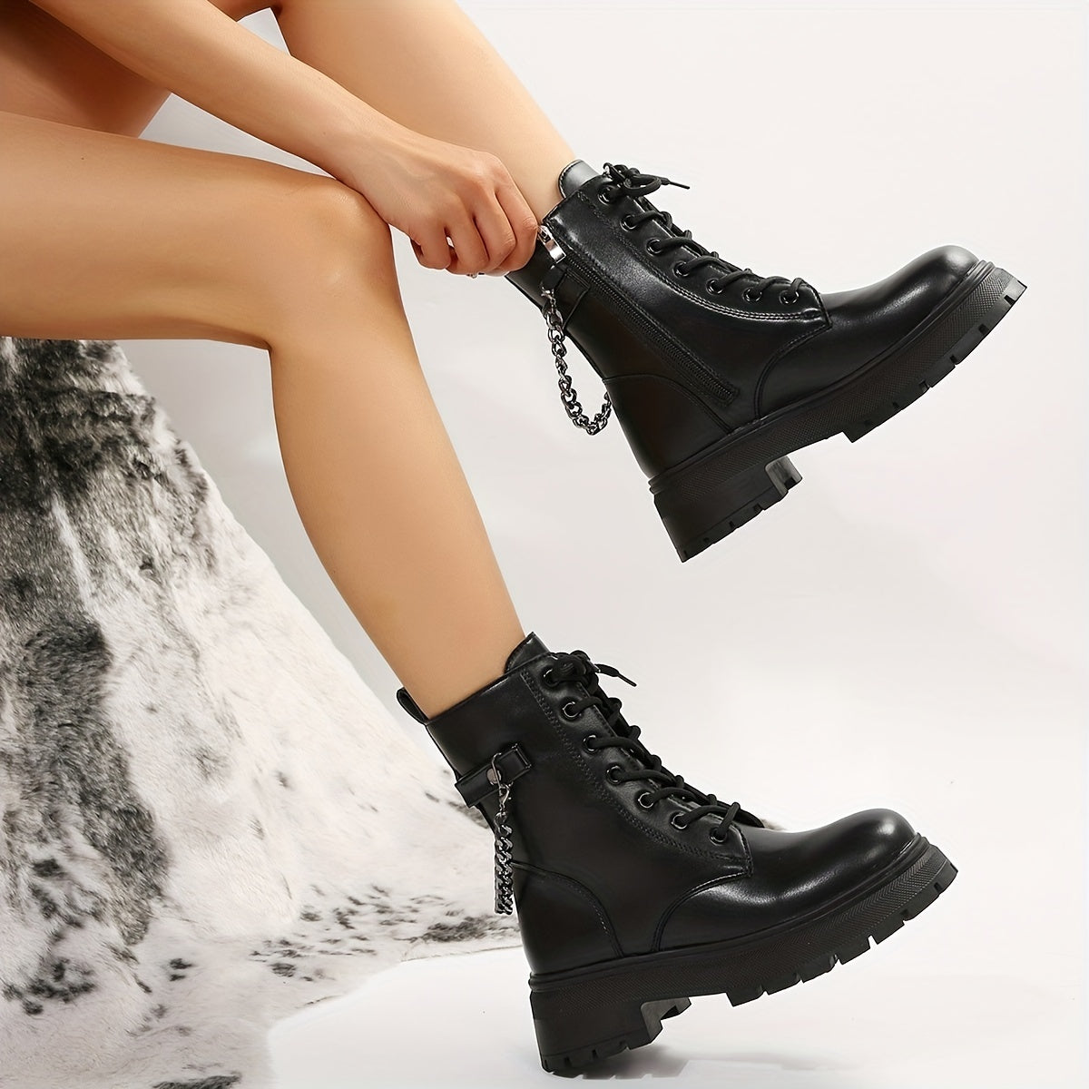 Ankle Combat Boots with Chain Lace Up Side Zipper Short Boots