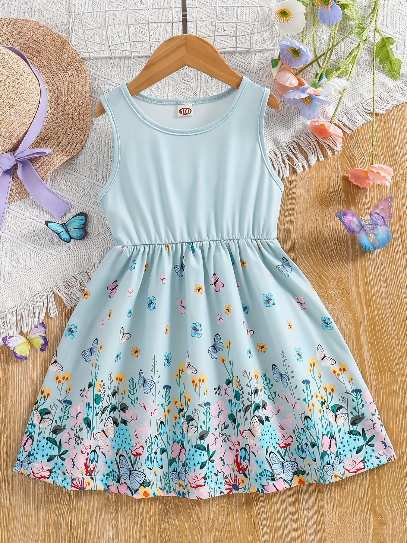 Toddler Girls Sleeveless Butterfly & Flowers Graphic Princess Dress