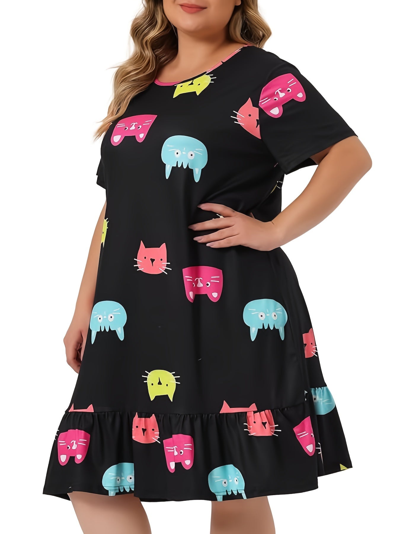 Colorful Cat Print Nightdress with Ruffle Trim