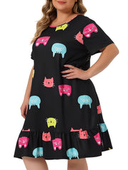 Colorful Cat Print Nightdress with Ruffle Trim