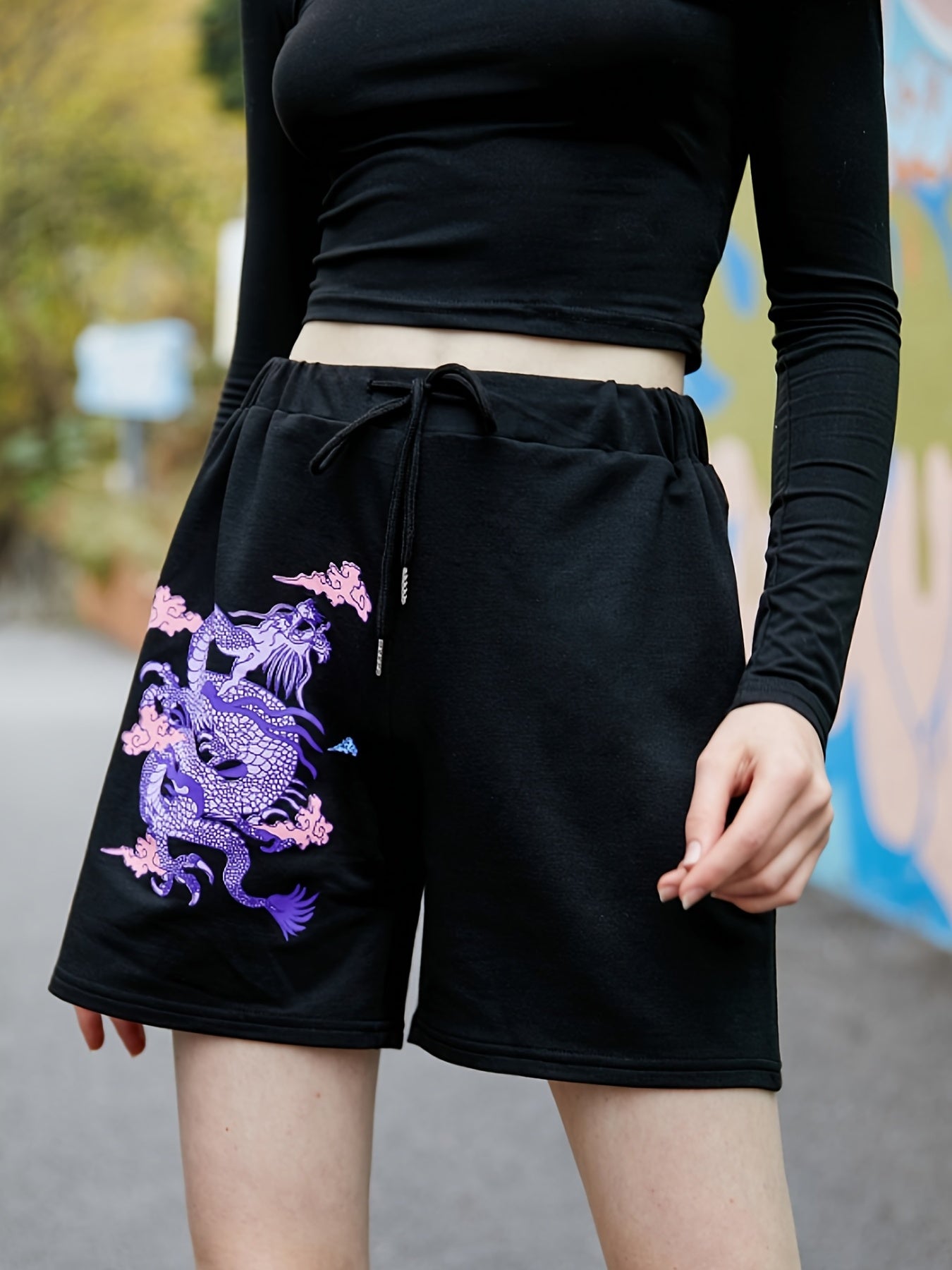 Chinese Dragon Print Drawstring Shorts for Women
