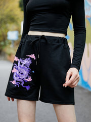 Chinese Dragon Print Drawstring Shorts for Women