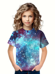 3D Dreamy Outer Space Graphic Short Sleeve T Shirt Loose Fit Pullover