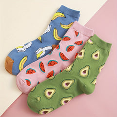 3 Pairs Fruit Print Socks Comfy & Breathable Mid Tube Socks Women's Stockings