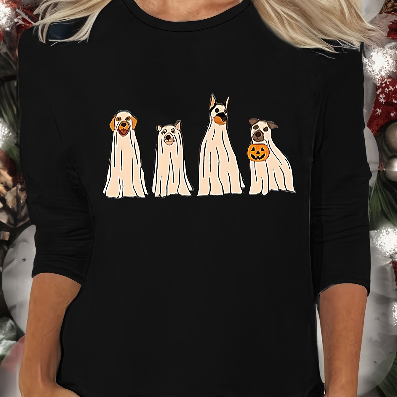 Dog Print Lounge Top Long Sleeve Crew Neck Women's Sleepwear Pajama