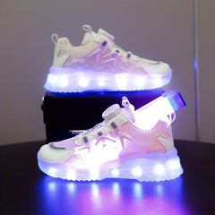 Girl's LED Running Shoes with Rotating Buckle Anti-skid Sneakers