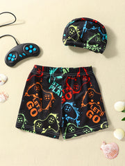 Boys Gamepad Print Swim Trunks & Cap Set for Beach Vacation