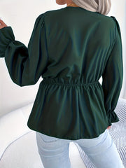 Women's Plus Solid Long Bell Sleeve Applique V Neck Drawstring Waist Blouse