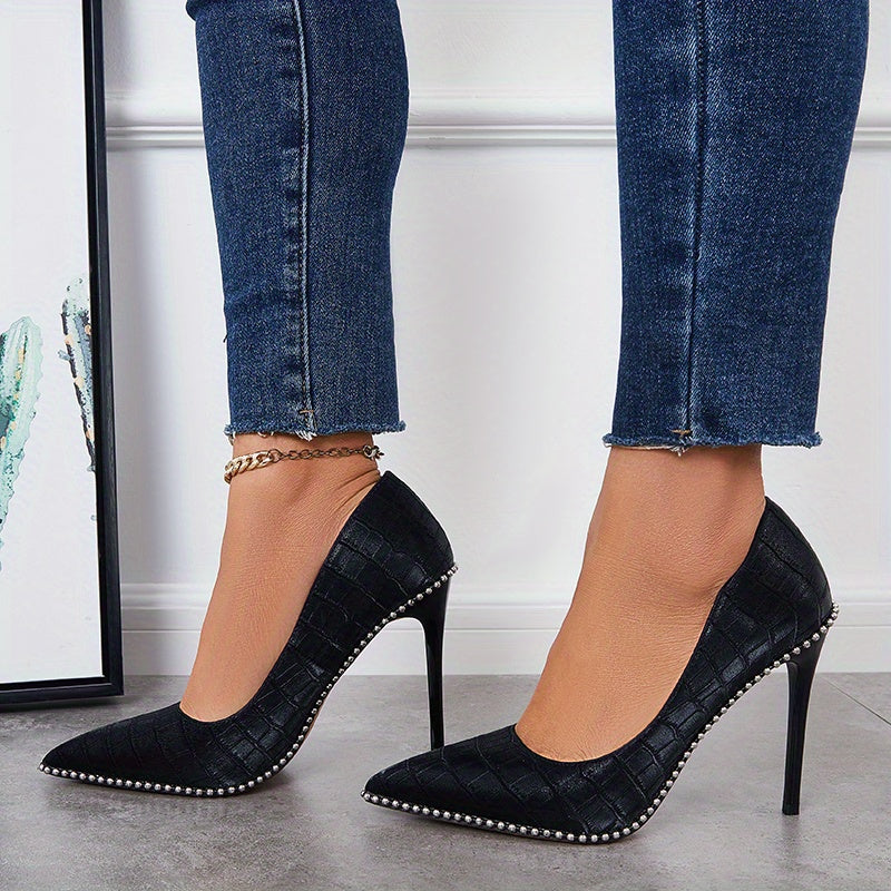 Sexy Pointed Toe High Heels Slip On Stiletto Metal Beads Pumps
