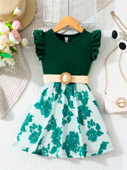 Kid's Floral Print Flutter Sleeve Dress with Belt