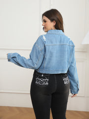 Casual Denim Jacket Women's Plus Ripped Button Up Long Sleeve Crop Den