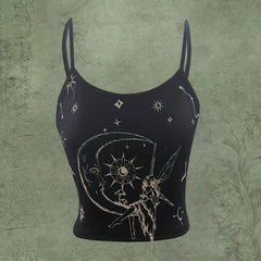 Fairy Sun Moon Print Cami Top Y2K Sleeveless Spaghetti Strap Summer