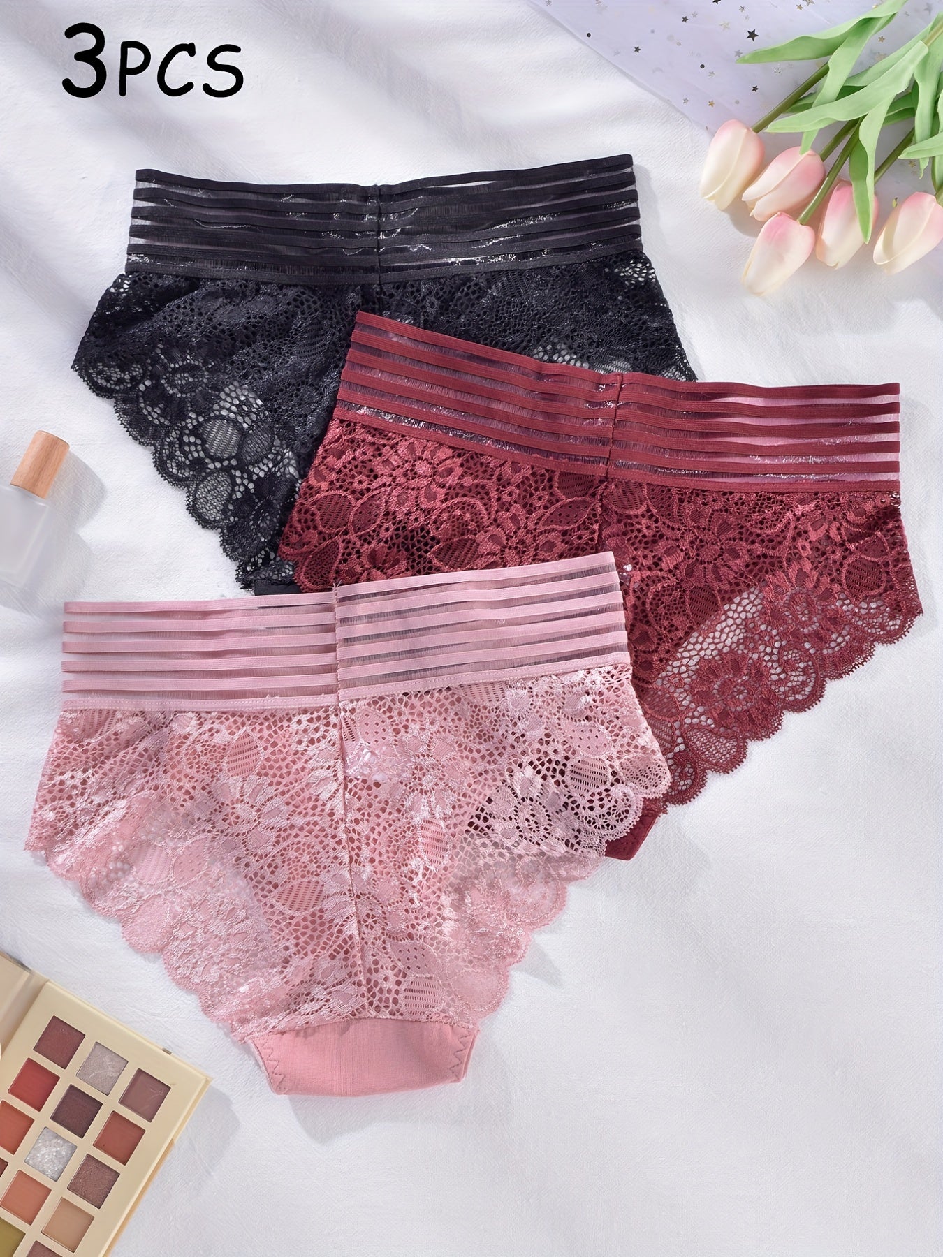 3pcs Lace Briefs Scallop Trim Panties Women's Lingerie