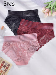 3pcs Lace Briefs Scallop Trim Panties Women's Lingerie