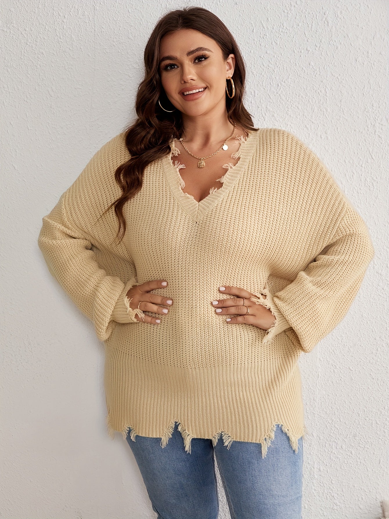 V Neck Distressed Edge Sweater
