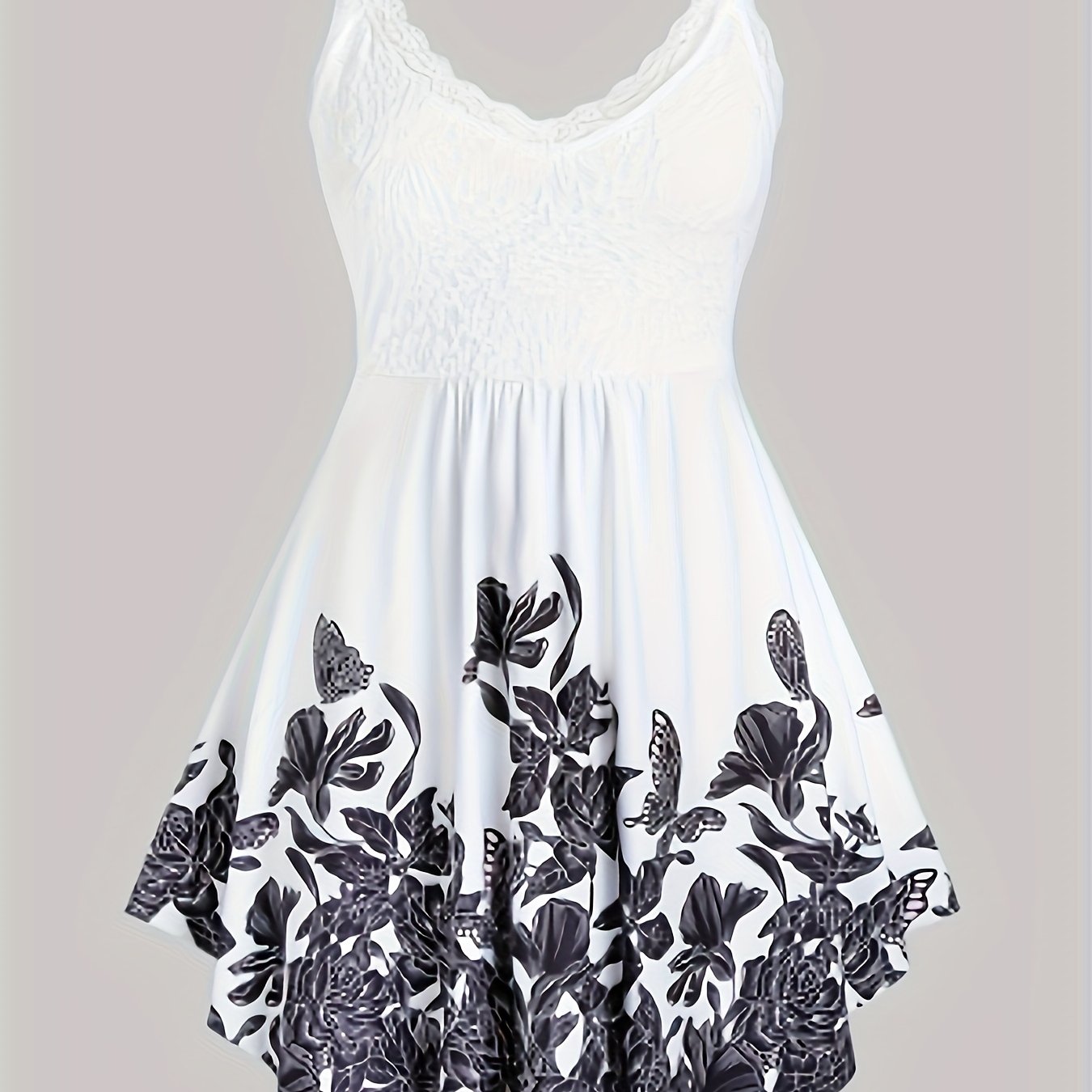 Floral Print Spaghetti Dress Sleeveless Ruched Lace Trim Casual Dress